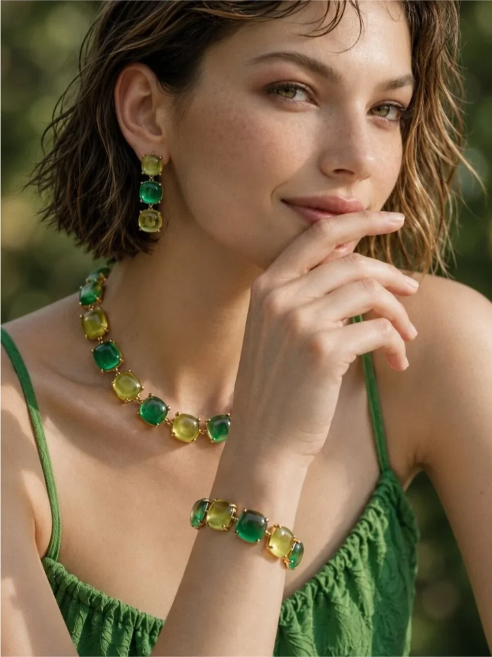 Green and Yellow Acrylic Resin Square Chain Necklace Bracelet Earrings Set
